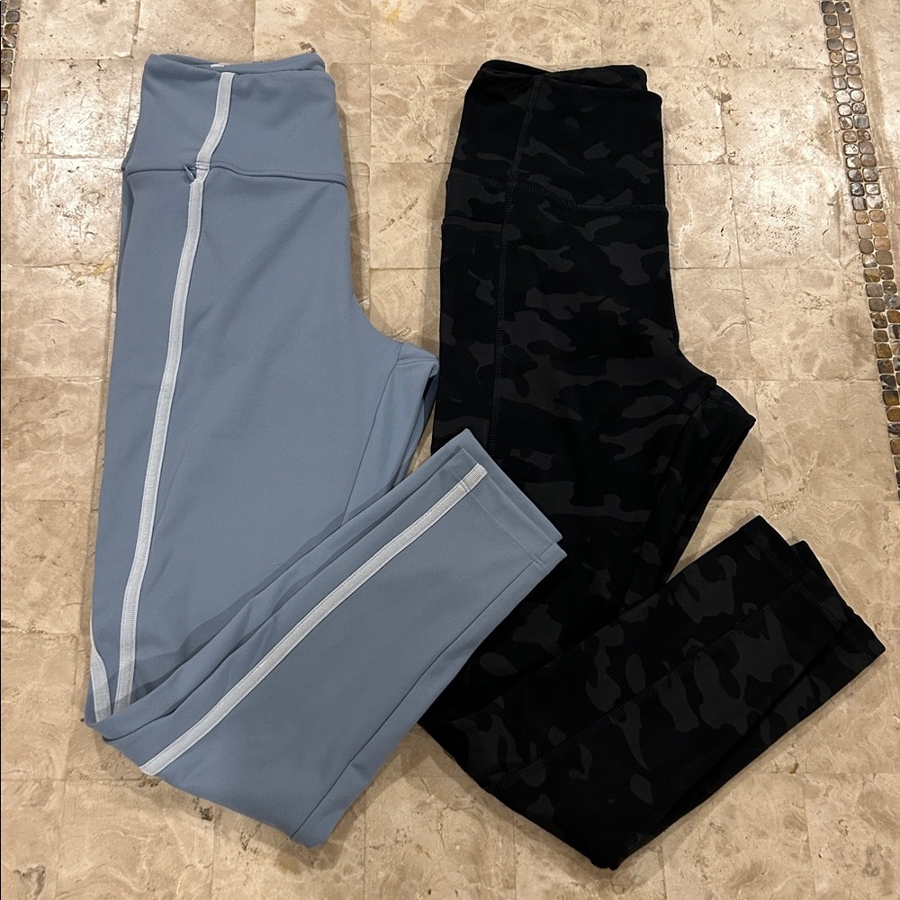 Lot of 2‎ Danskin Leggings Black Camouflage,Light Blue white Stripes Size S